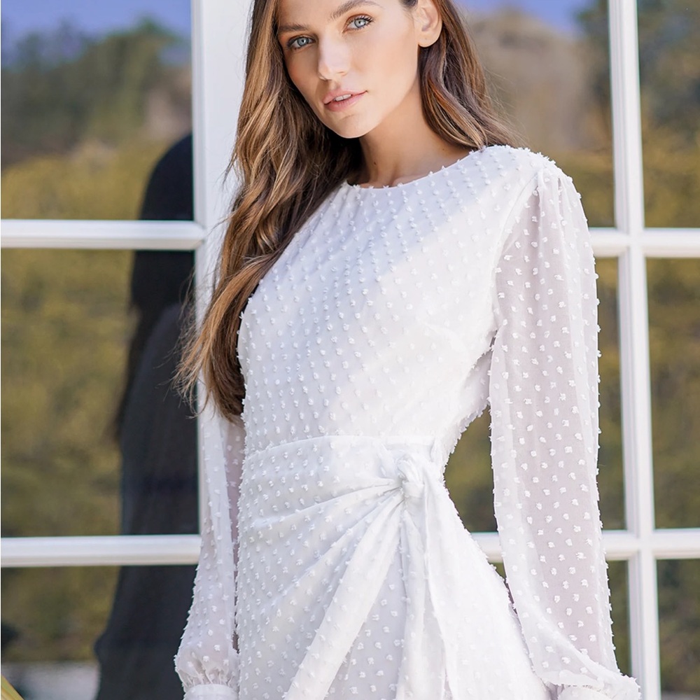 Lulus White Swiss Dot Long Sleeve Tie-Front Mini Dress